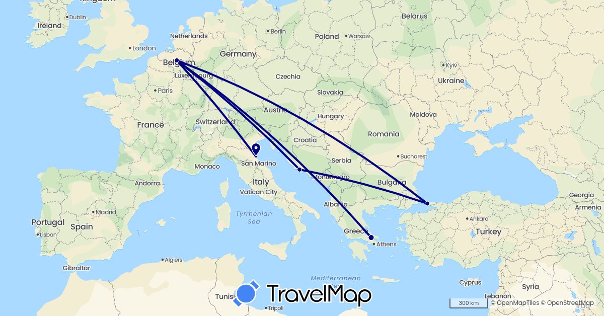 TravelMap itinerary: driving, plane in Belgium, Greece, Croatia, Italy, Turkey (Asia, Europe)